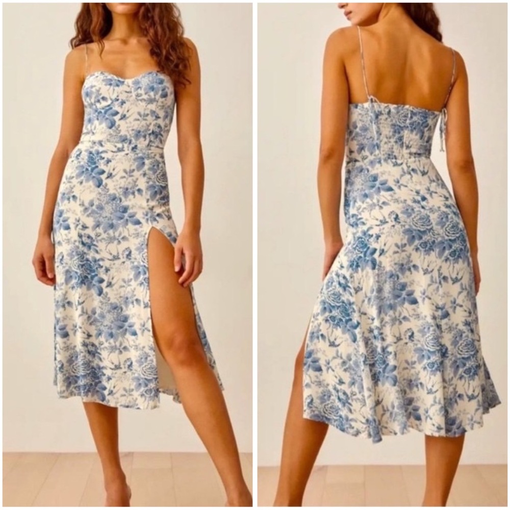 Reformation Juliette Blue/White Floral Tie Strap Midi Dress 6 NWOT